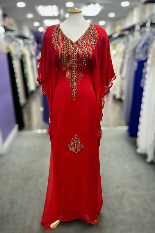 Elegant Red Dubai Farasha Caftan adorned with intricate gold and red rhinestone embroidery, exuding timeless sophistication. Designed with a comfortable, flowing silhouette and featuring an inner adjustable belt for a tailored fit. Perfect for special occasions and celebrations, this caftan combines luxurious detailing with effortless style.