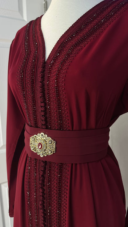 Burgundy Moroccan Kaftan with Embellished Belt