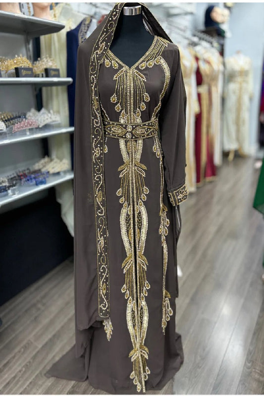 Gold Rhinestones embroidered Kaftan with shawl