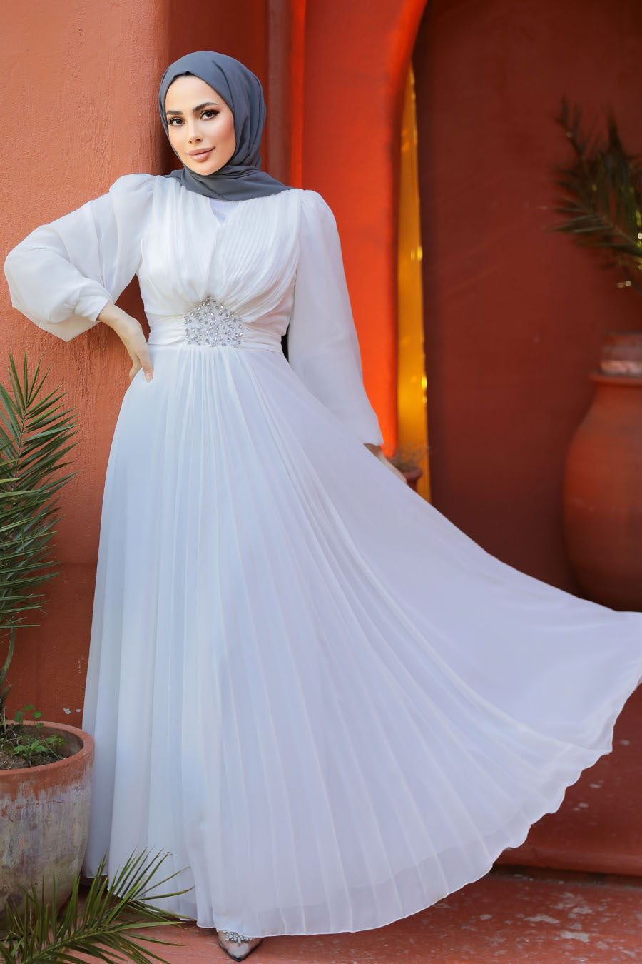 Long Sleeve Chiffon Dress White Modest Evening Dress S