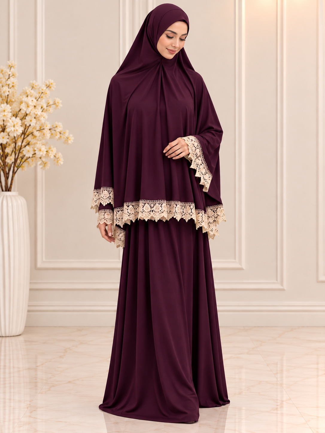 Elegant  2-piece Islamic prayer set featuring a flowing khimar, matching full-length skirt, and delicate cream floral lace trim, modeled by a Muslim woman.
