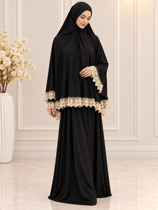 Woman modeling an elegant taupe brown 2-piece Islamic prayer set featuring a flowing khimar, matching full-length skirt, and delicate cream floral lace trim.