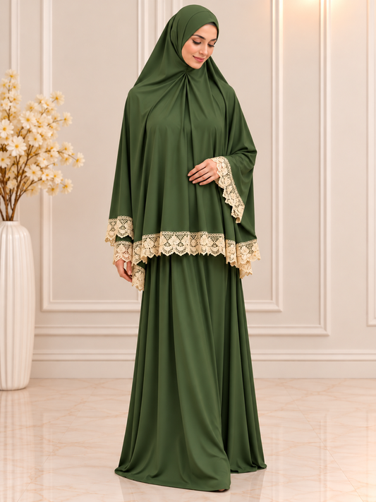 Elegant 2 piece Islamic prayer set featuring a flowing khimar, matching full-length skirt, and delicate cream floral lace trim, modeled by a Muslim woman.