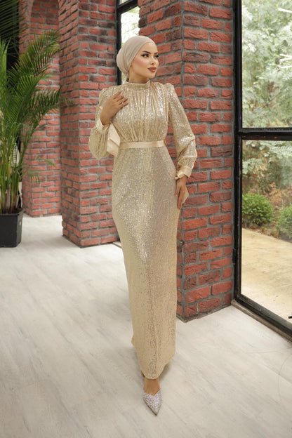 Long Sleeve High Neck modest dress - Gold