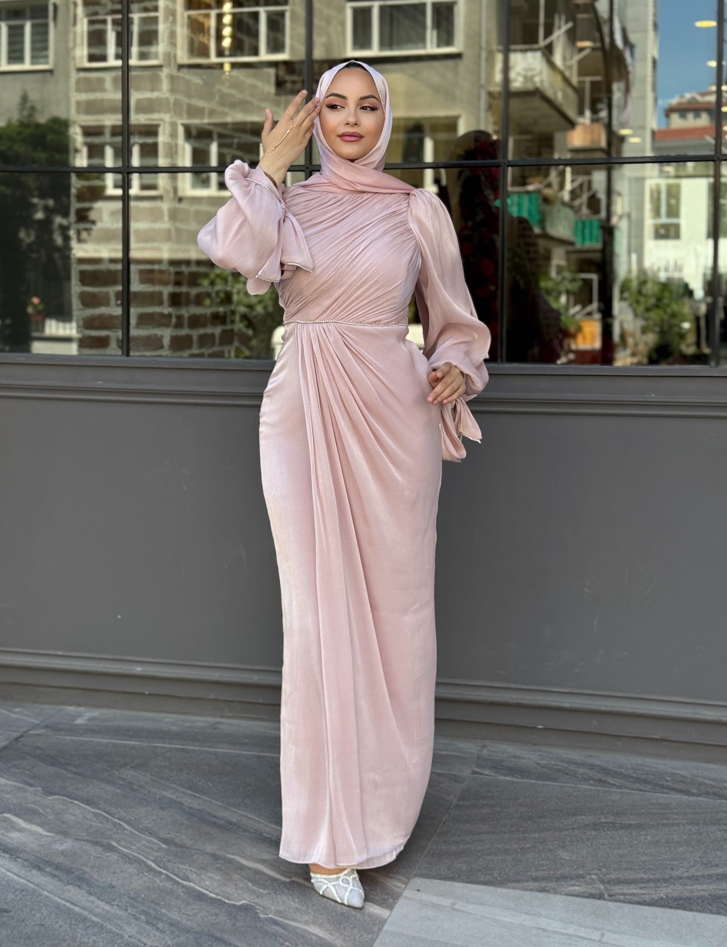 Elegant Draped Long Sleeve Maxi Dress – Champagne Pearl