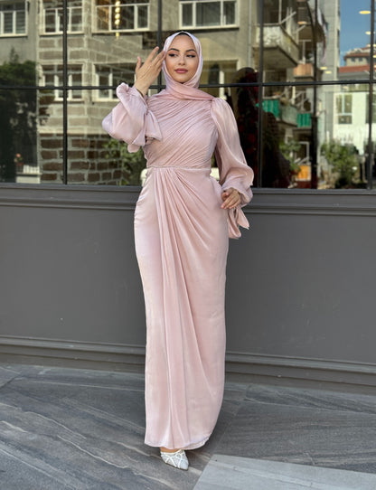 Elegant Draped Long Sleeve Maxi Dress – Champagne Pearl