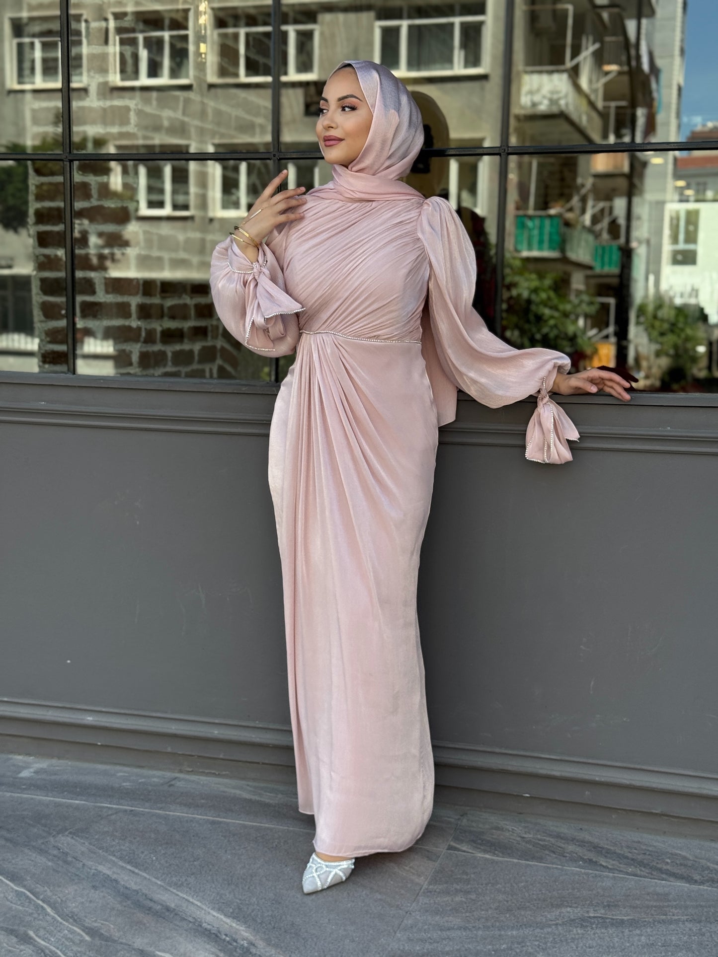 Elegant Draped Long Sleeve Maxi Dress – Champagne Pearl