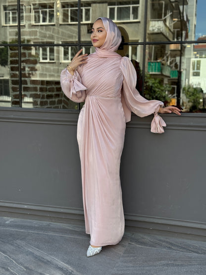 Elegant Draped Long Sleeve Maxi Dress – Champagne Pearl