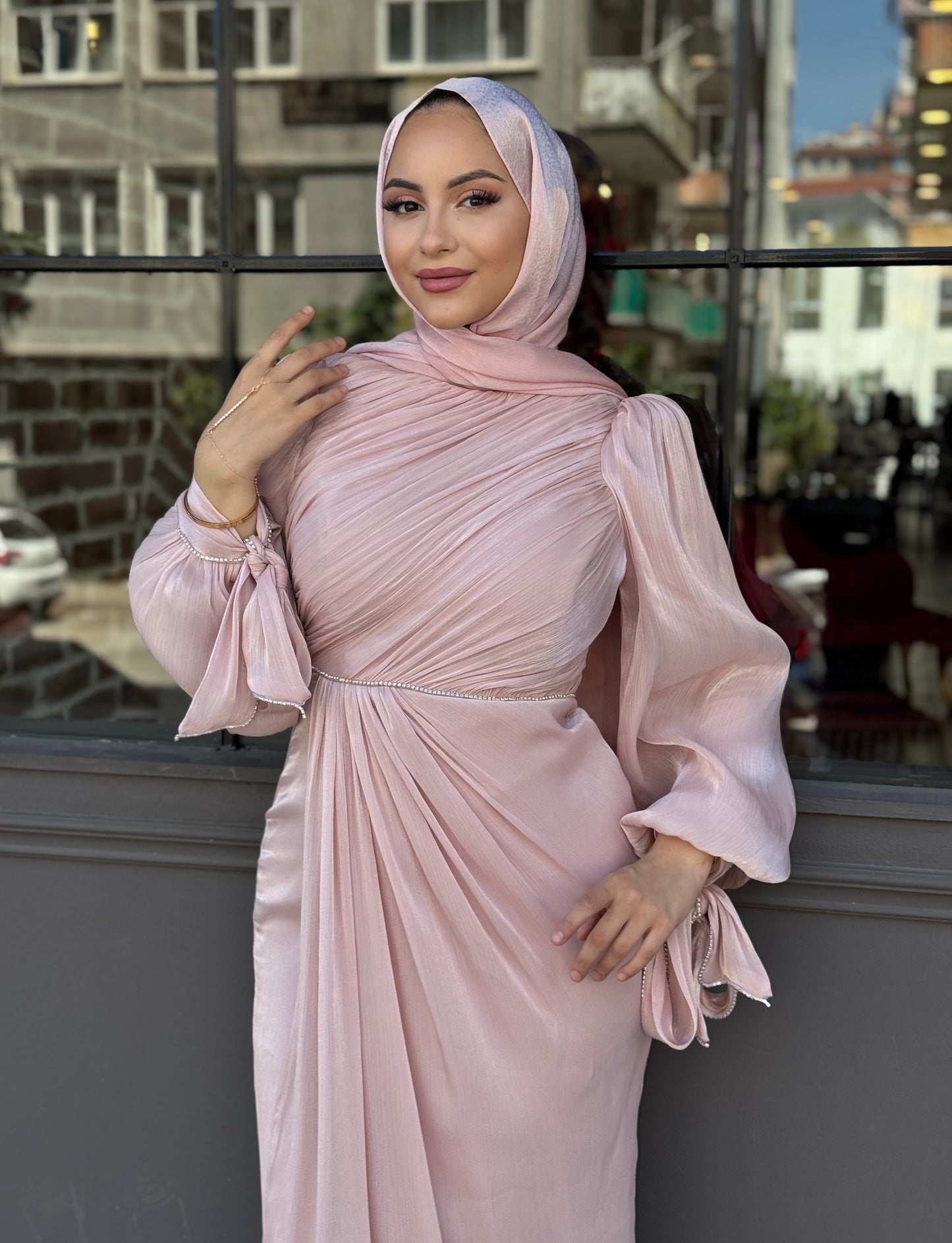 Elegant Draped Long Sleeve Maxi Dress – Champagne Pearl