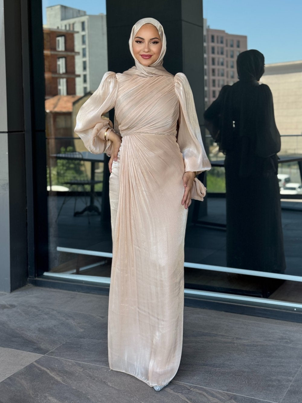 Elegant Draped Long Sleeve Maxi Dress – Champagne Pearl