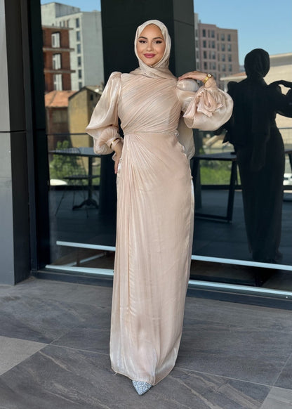 Elegant Draped Long Sleeve Maxi Dress – Champagne Pearl