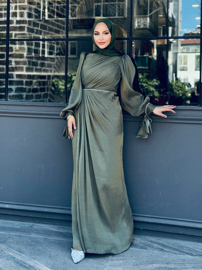 Elegant Draped Long Sleeve Maxi Dress – Champagne Pearl