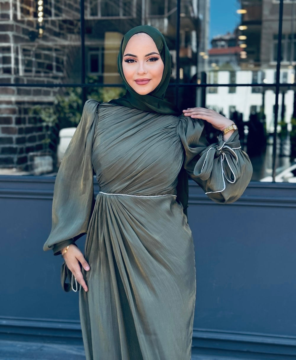 Elegant Draped Long Sleeve Maxi Dress – Champagne Pearl