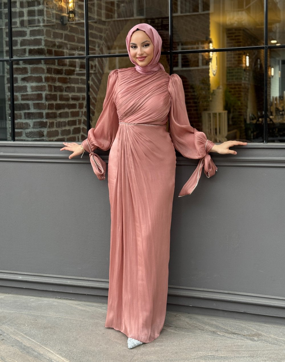 Elegant Draped Long Sleeve Maxi Dress – Champagne Pearl