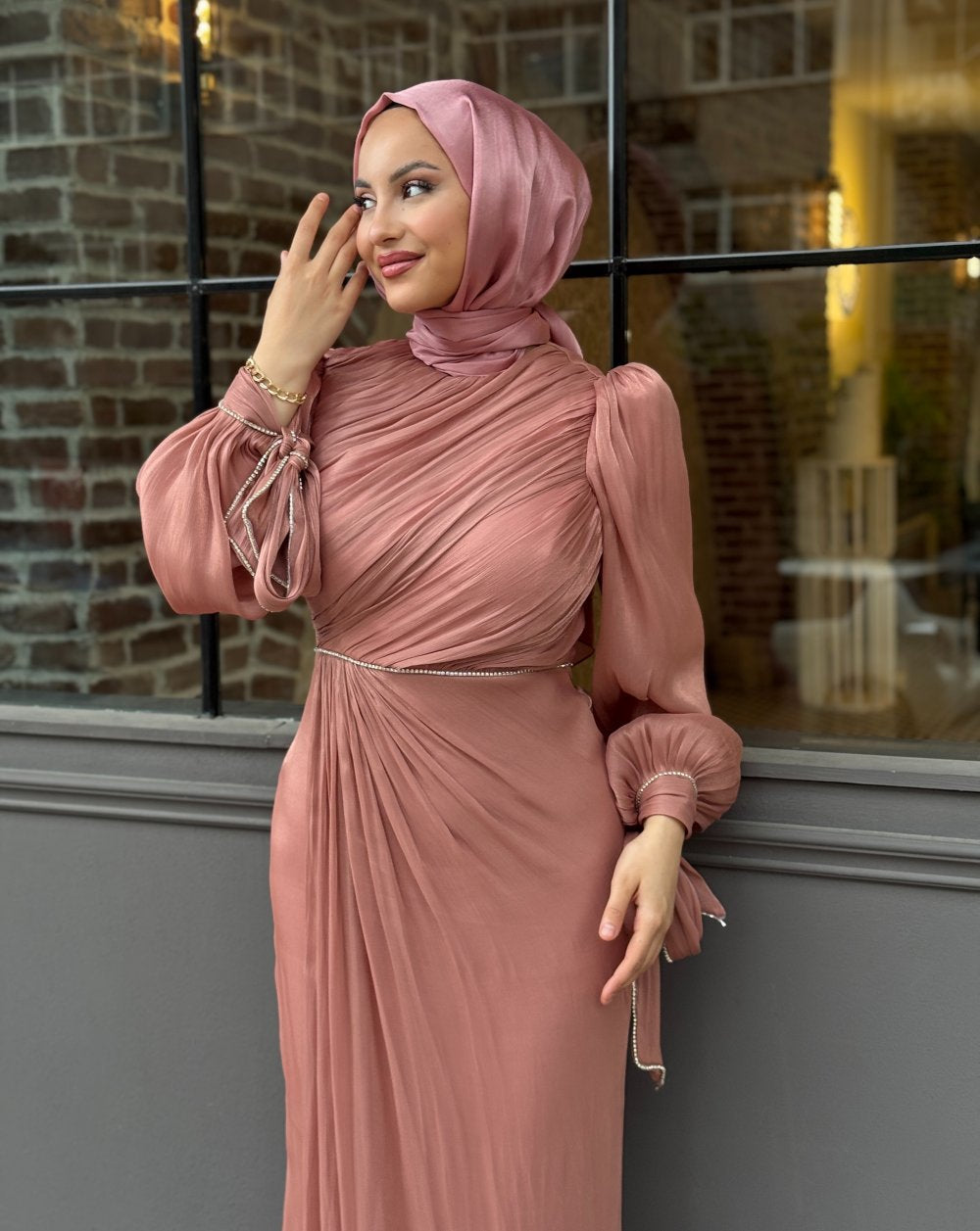 Elegant Draped Long Sleeve Maxi Dress – Champagne Pearl