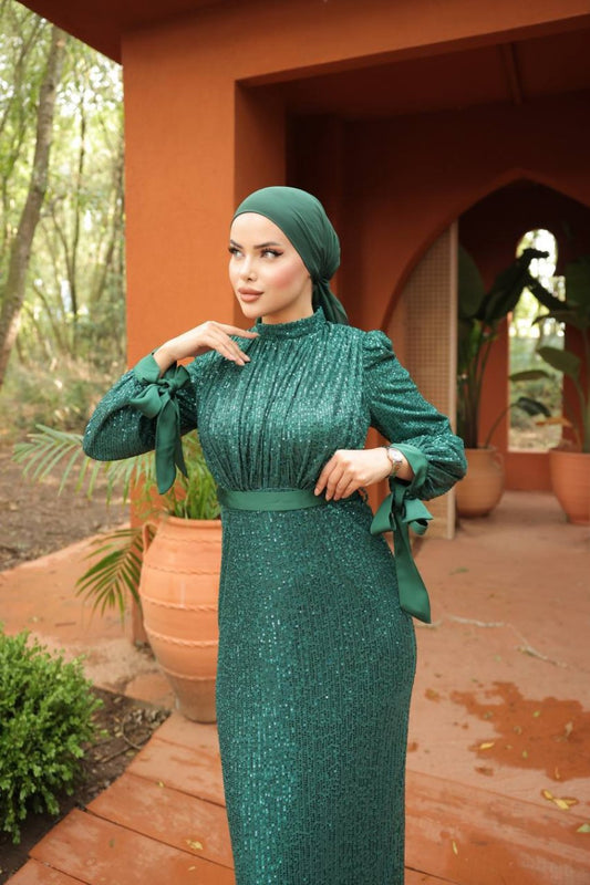 Forest Green Long Sleeve Sequin Evening Dress