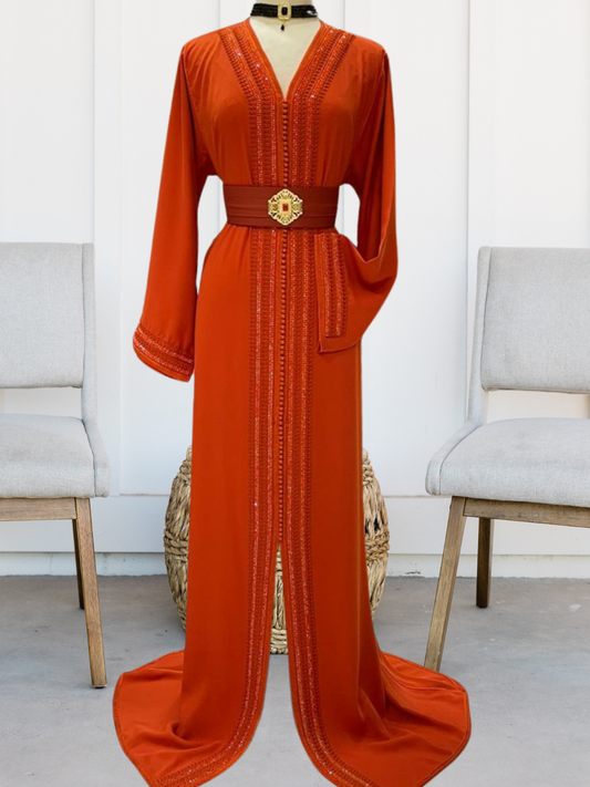 Moroccan Kaftan with Belt Terracotta Orange