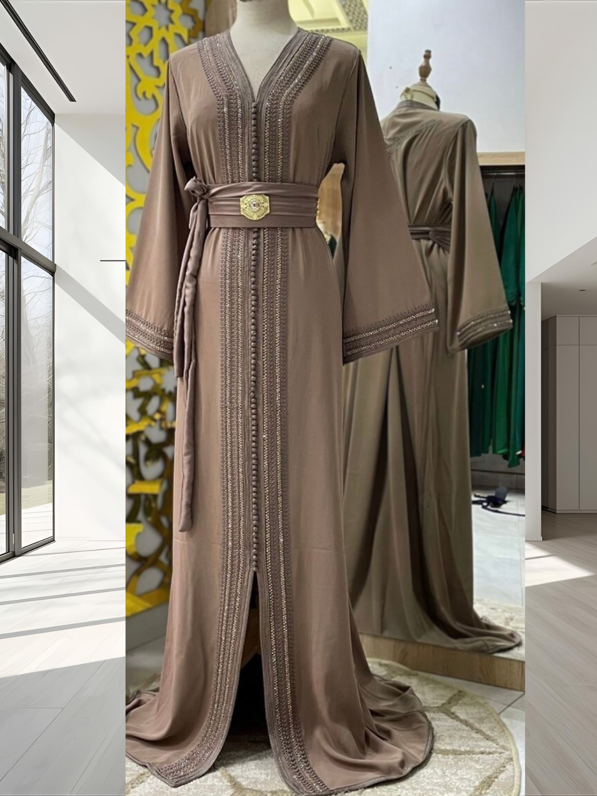 Adjustable Moroccan caftan Canada fits S to XL – latte mocha embroidered dress