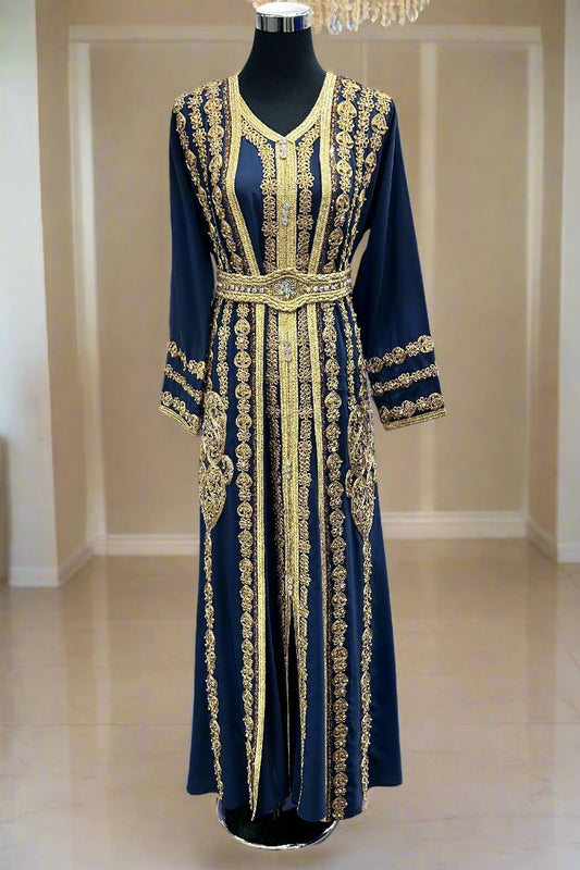 Navy_Gold embroidered_Kaftan_2 pieces