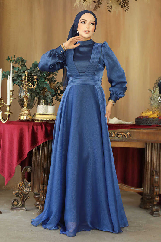 modest-blue-evening-dress-Long Sleeves - zipper back closure