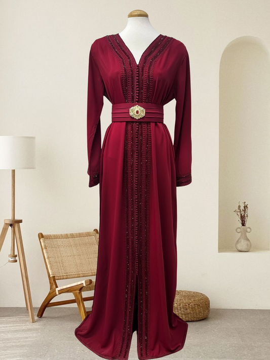 Elegant burgundy kaftan dress with jeweled belt – Shopanisa.ca Montreal Canada