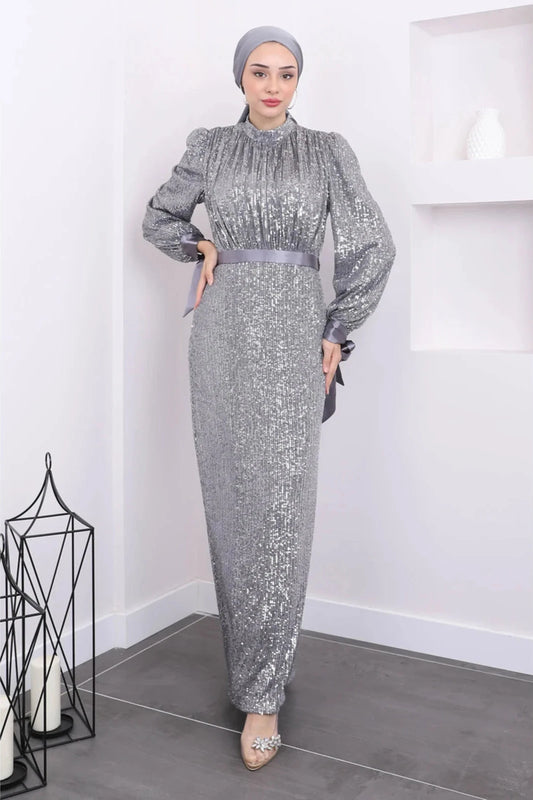 Long sleeve modest dress  - sequin silver