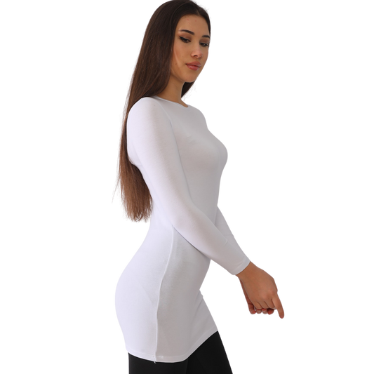 White Long Sleeve Mid-Thigh T-Shirt-Women's T-shirt-Shopanisa