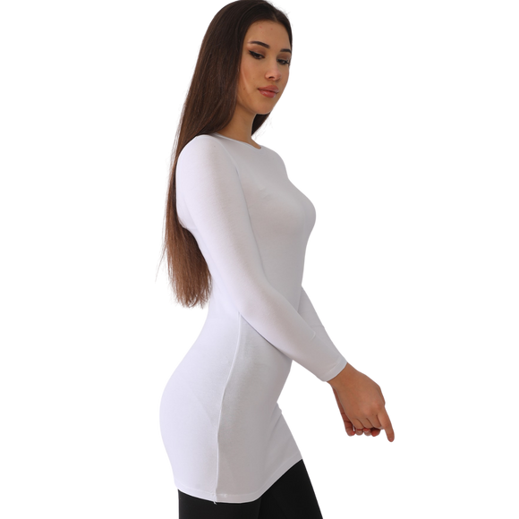 White Long Sleeve Mid-Thigh T-Shirt, Off White Long Sleeve Tops