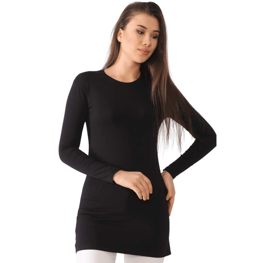 Black Long Sleeve Mid-Thigh T-Shirt-Women's T-shirt-Shopanisa