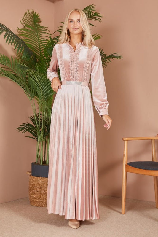 Pleated Velvet Dress - Dusty Pink-Shopanisa