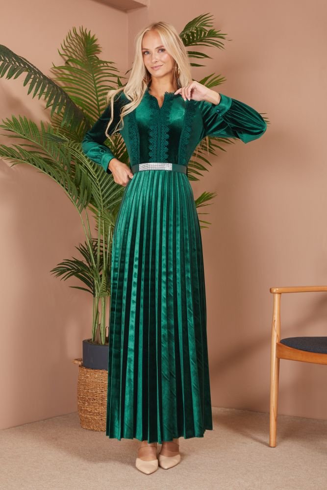 Pleated Velvet Dress - Green-Shopanisa