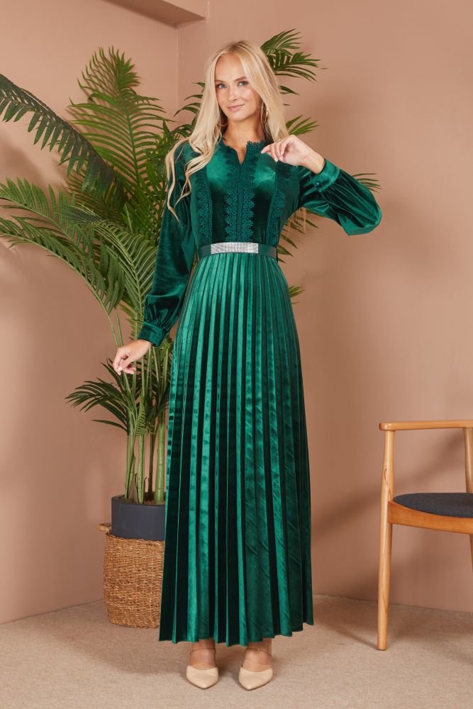 Pleated Velvet Dress - Green-Shopanisa