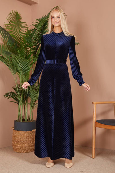 Navy Blue Long Sleeve Velvet Maxi Dress -  Sweden