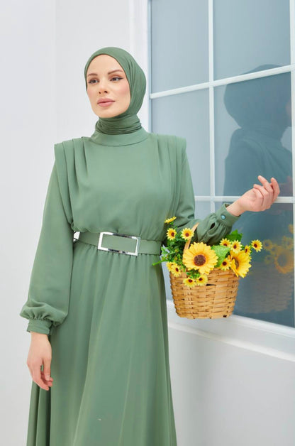 Long Sleeve Chiffon Dress - Green